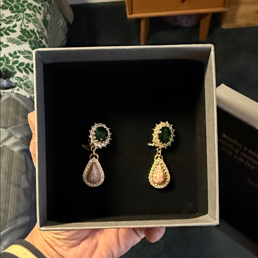 ANTON HEUNIS Elegant Drop Earrings with Green and Pink Accents ($218 retail)